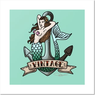 Retro Mermaid Tattoo Art Posters and Art